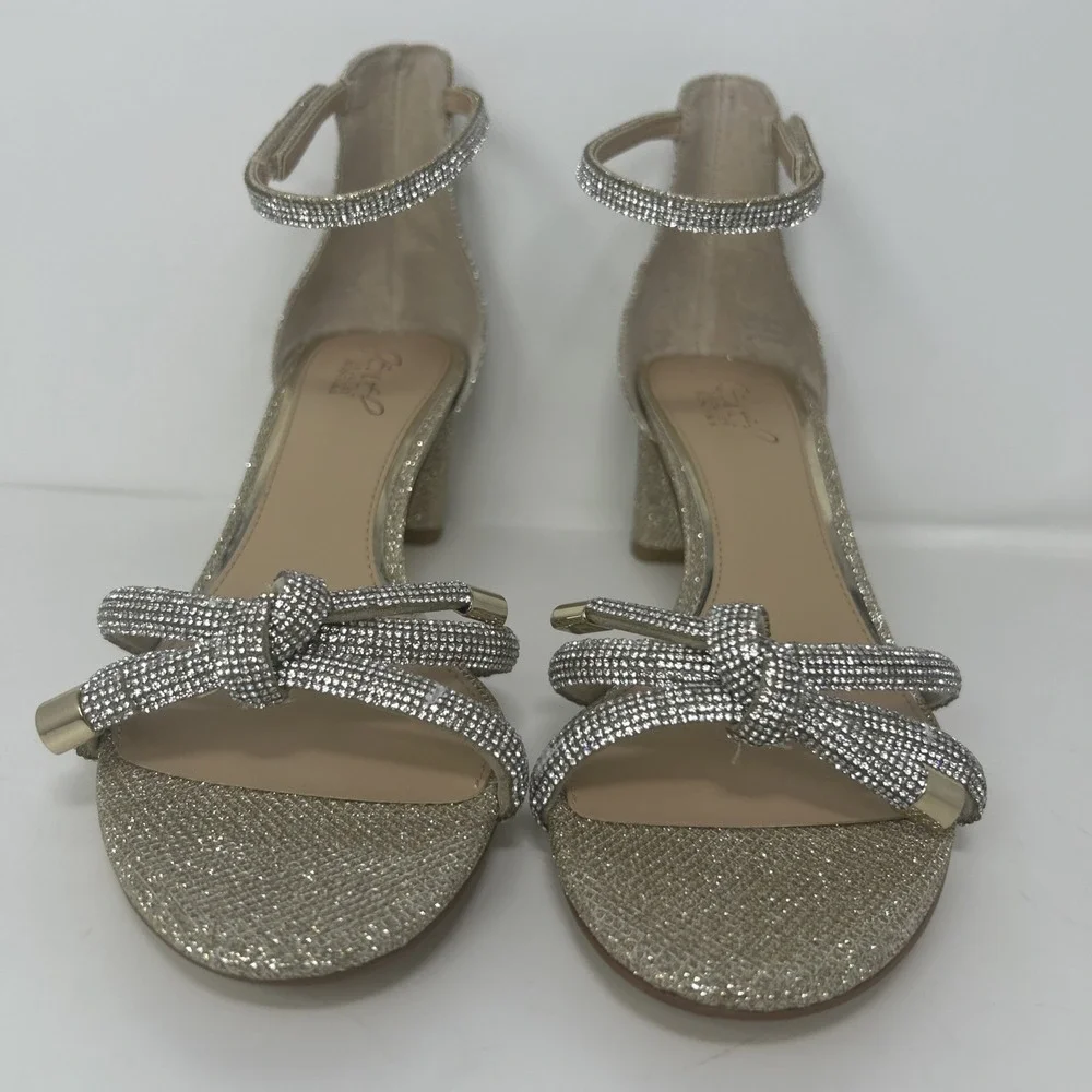 Jewel Badgley Mischka Lena Knotted Mid Heel Sandal Gold‎ Glitter Size 9 NEW